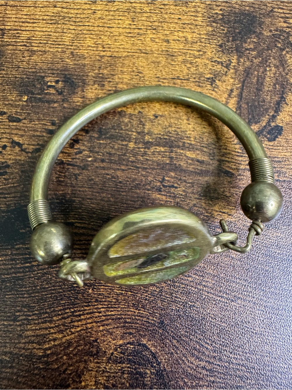 Hand Crafted Brass Bracelet with Green and Gold Inlay - Modernist - Picture 3 of 10
